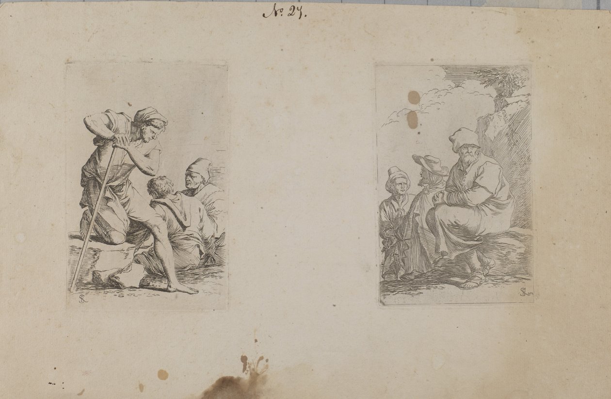 (Seria figurek) Mężczyzna klęczący z jedną nogą na skale autorstwa Salvator Rosa