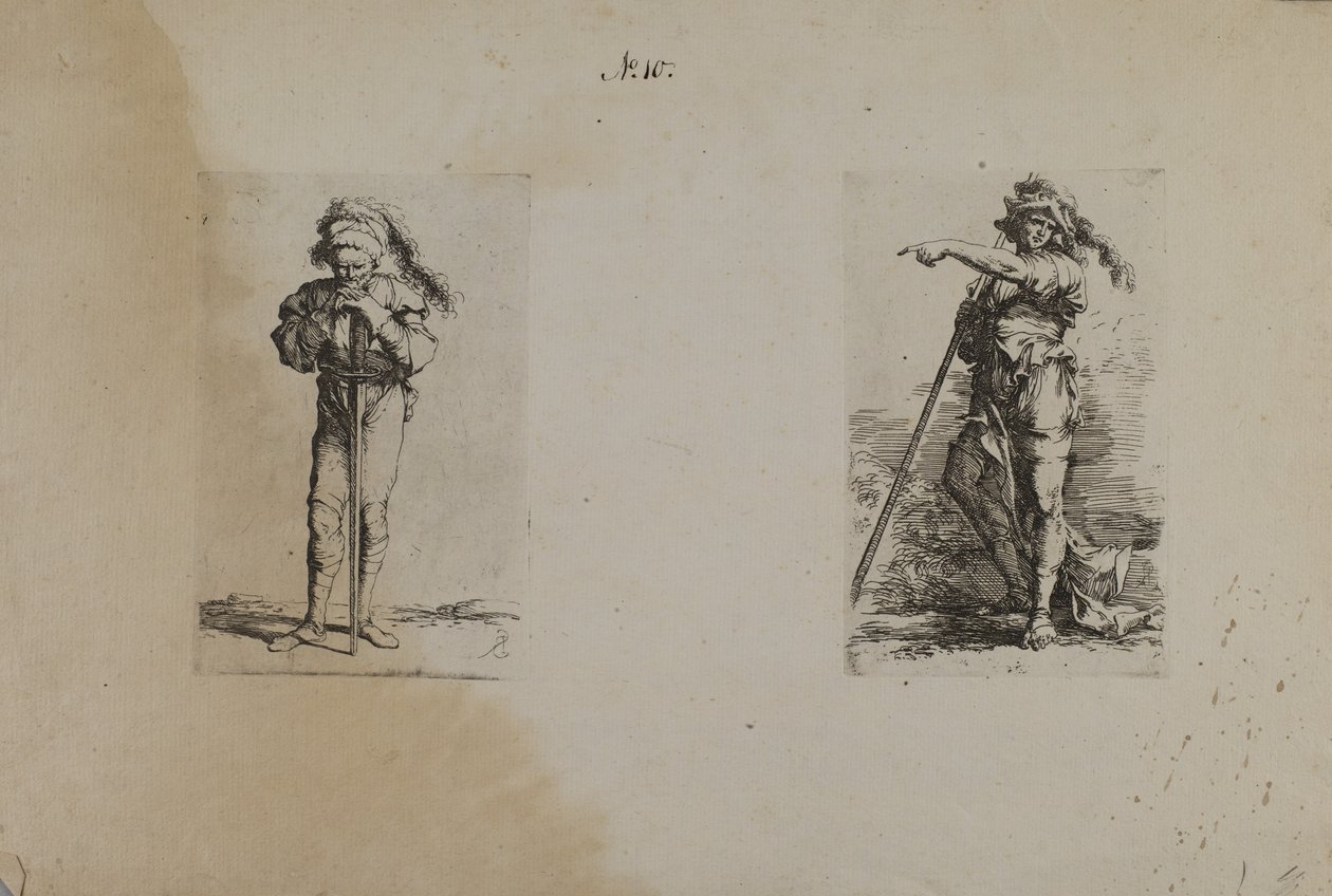 (Seria figurek) Starzec w kapeluszu z pióropuszem, spoczywający na rękach autorstwa Salvator Rosa