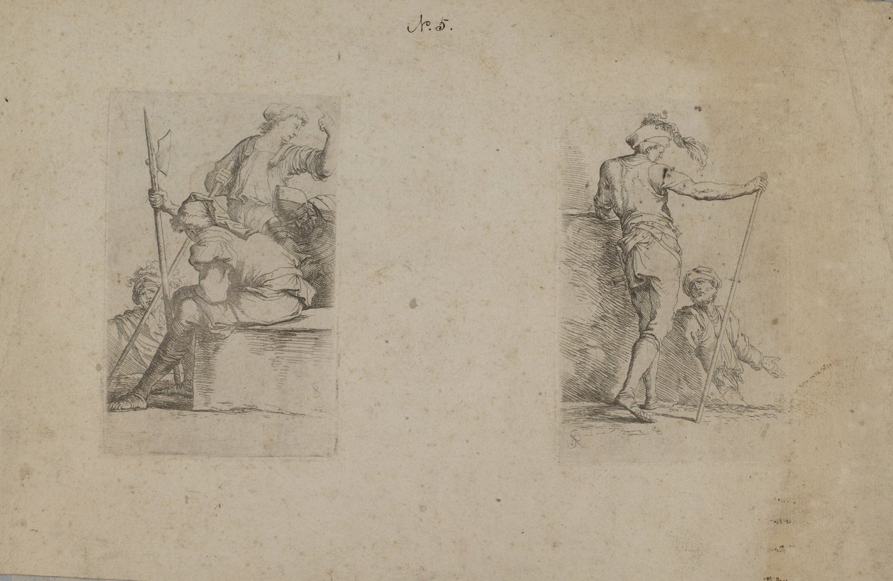 (Seria figurek) Siedzący mężczyzna, widziany od tyłu, trzymający siekierę autorstwa Salvator Rosa