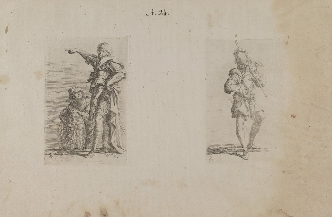 (Seria figurek) Dwóch mężczyzn, jeden wskazujący w lewo, drugi klęczący autorstwa Salvator Rosa