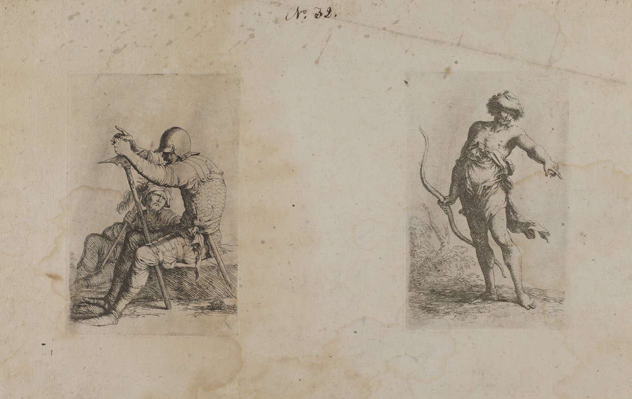 (Seria figurek) Dwóch siedzących mężczyzn, każdy z bronią w ręku autorstwa Salvator Rosa