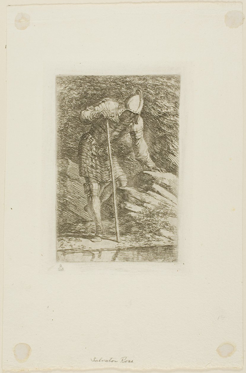 Wojownik w pełnej zbroi w grocie autorstwa Salvator Rosa