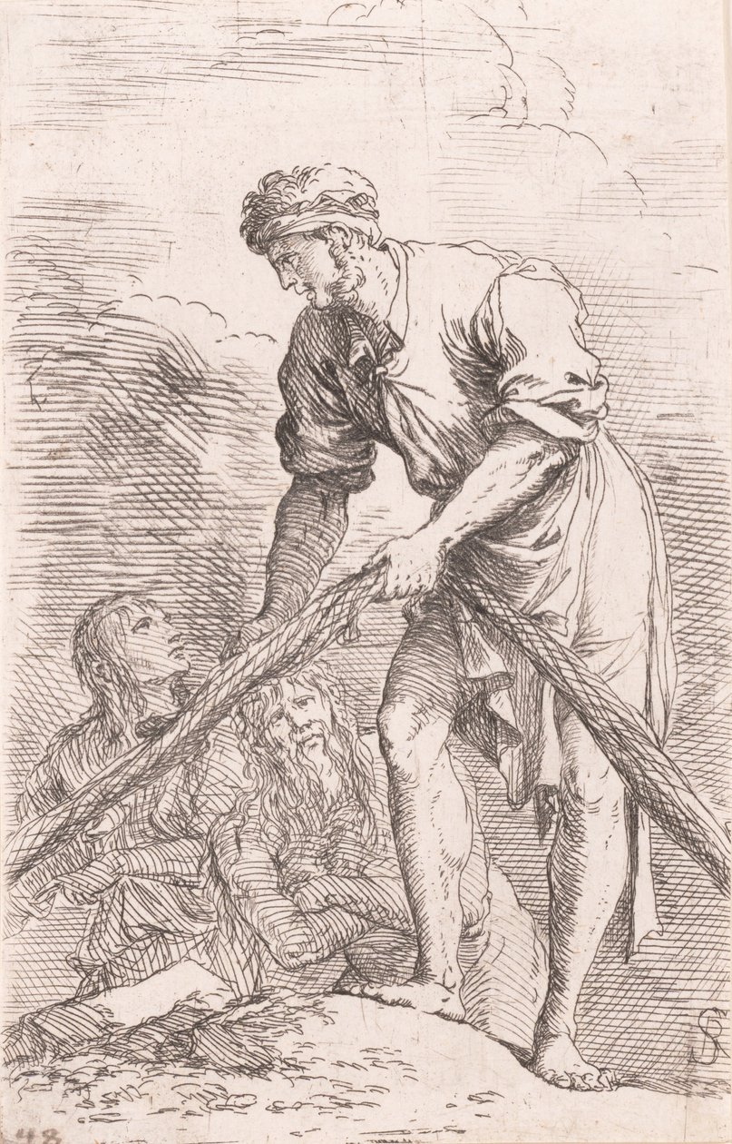 Mężczyzna ciągnący siatkę z dwiema postaciami za sobą z serii „Figurka”, ok. godz. ...,ok. 1656-1657. autorstwa Salvator Rosa