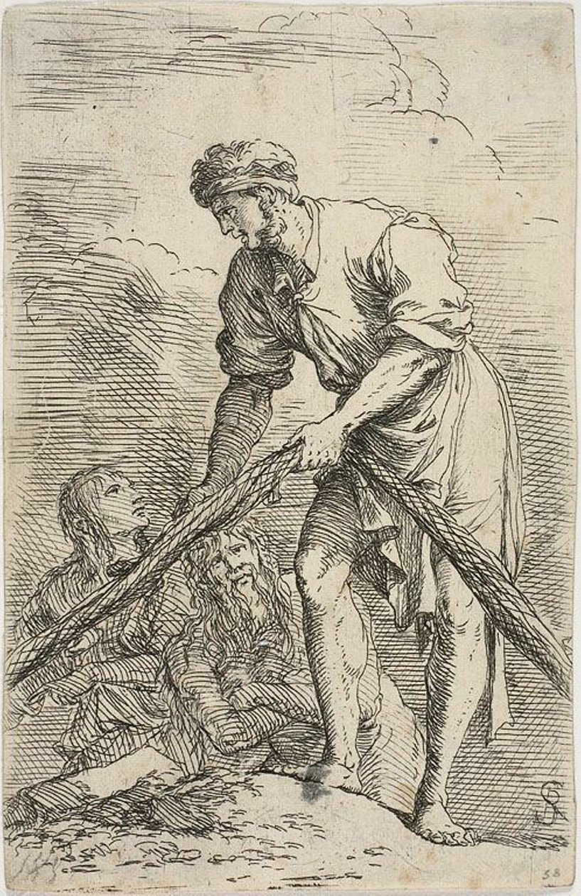Mężczyzna ciągnący sieć, a za nim dwie postacie z serii Figurine autorstwa Salvator Rosa