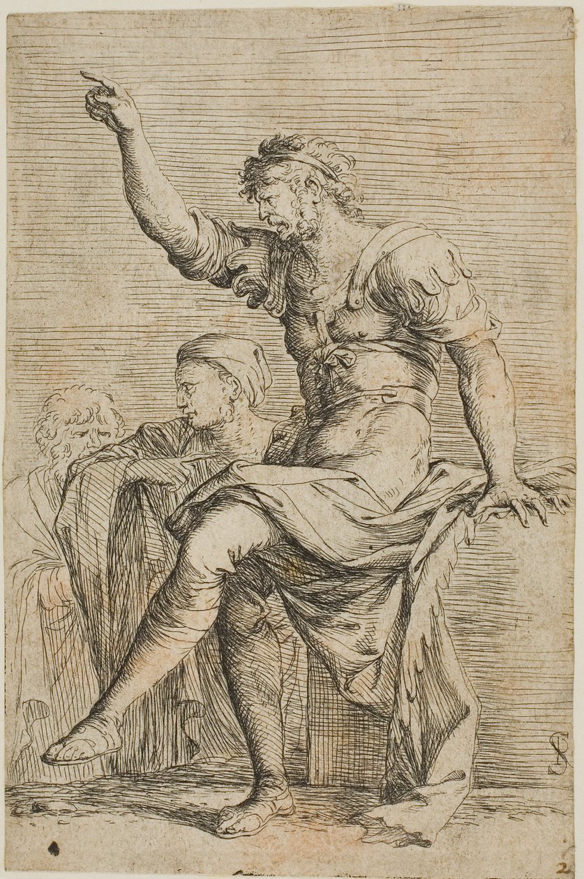 Wojownik siedzi na klocku i gestykuluje; za nim dwie postacie z serii Figurine autorstwa Salvator Rosa