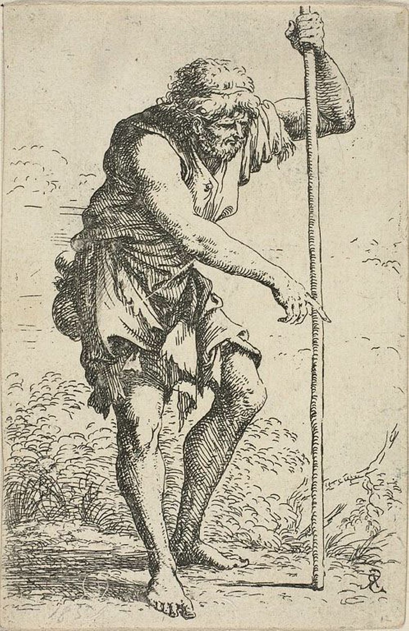 Stary, obdarty człowiek z laską i ziemią przy biodrze, z Figurina autorstwa Salvator Rosa