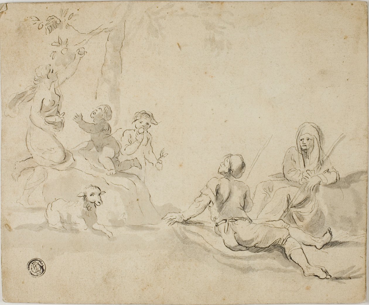 Zbieracze jabłek i odpoczywający pasterze autorstwa Salvator Rosa