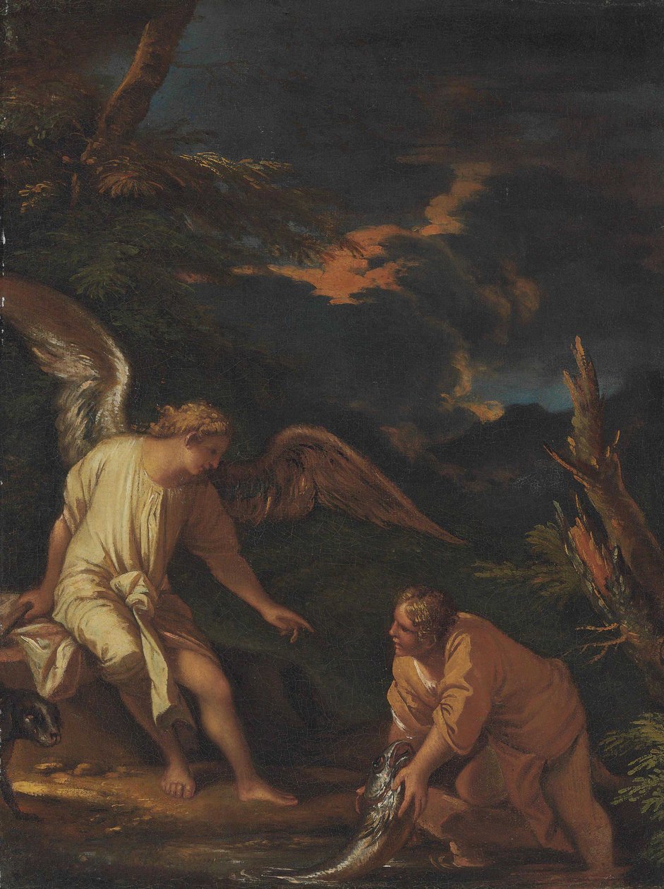 Przypisywany Salvatorowi Rosie - Tobiasz i anioł autorstwa Salvator Rosa