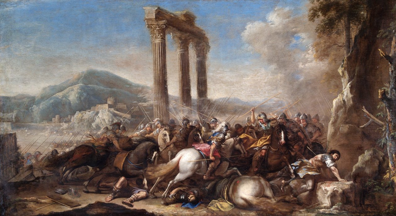 „Scena bitwy z klasyczną kolumnadą”, XVII wiek autorstwa Salvator Rosa