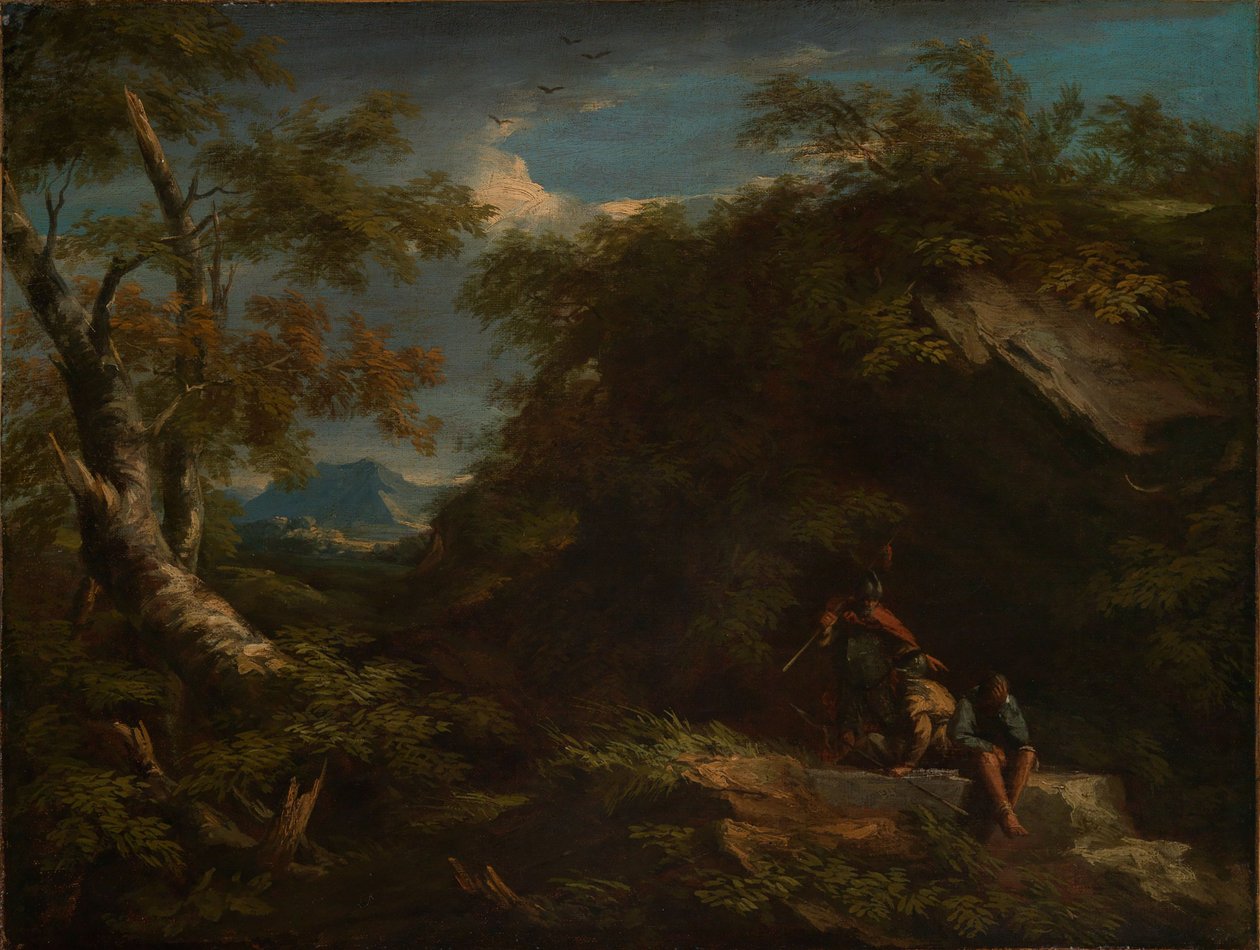 Górski krajobraz leśny z odpoczywającymi wojownikami autorstwa Salvator Rosa
