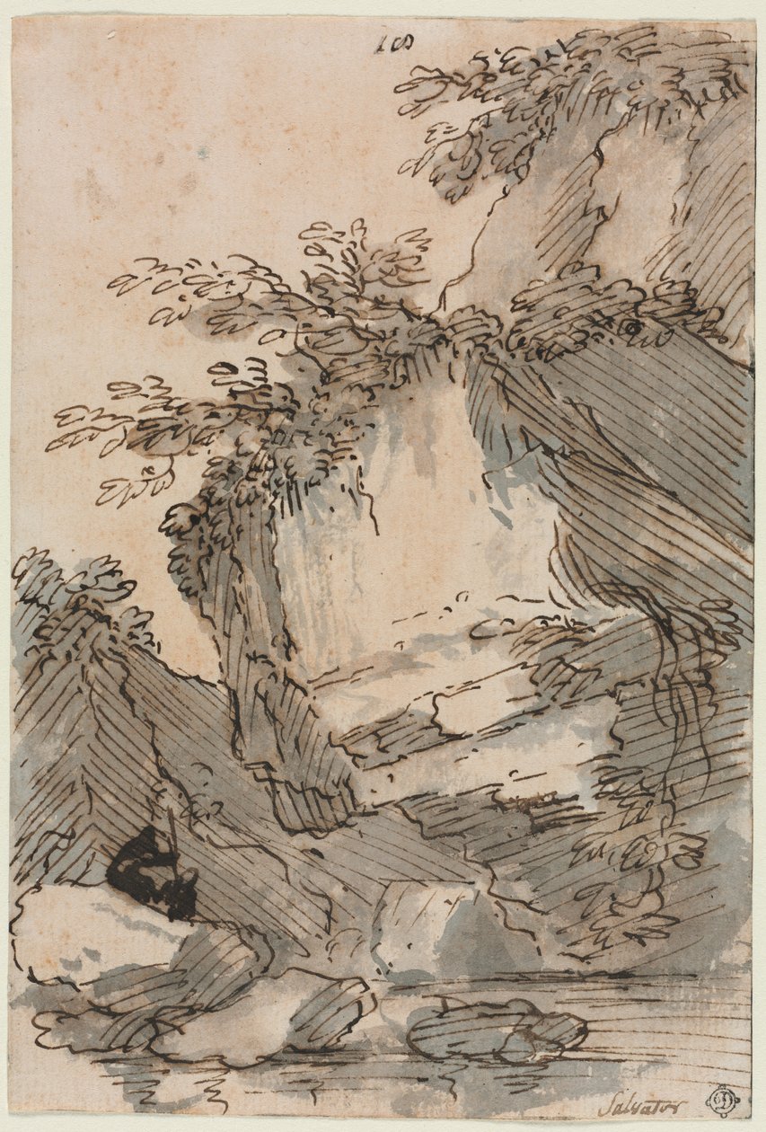 Figurki przy skalistym basenie autorstwa Salvator Rosa