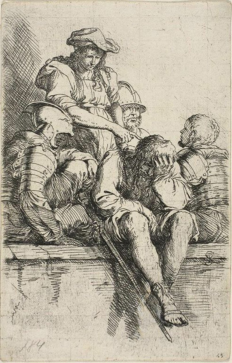 Czterech wojowników i stojący młodzieniec, który wskazuje na jednego z nich, z serii Figurine autorstwa Salvator Rosa