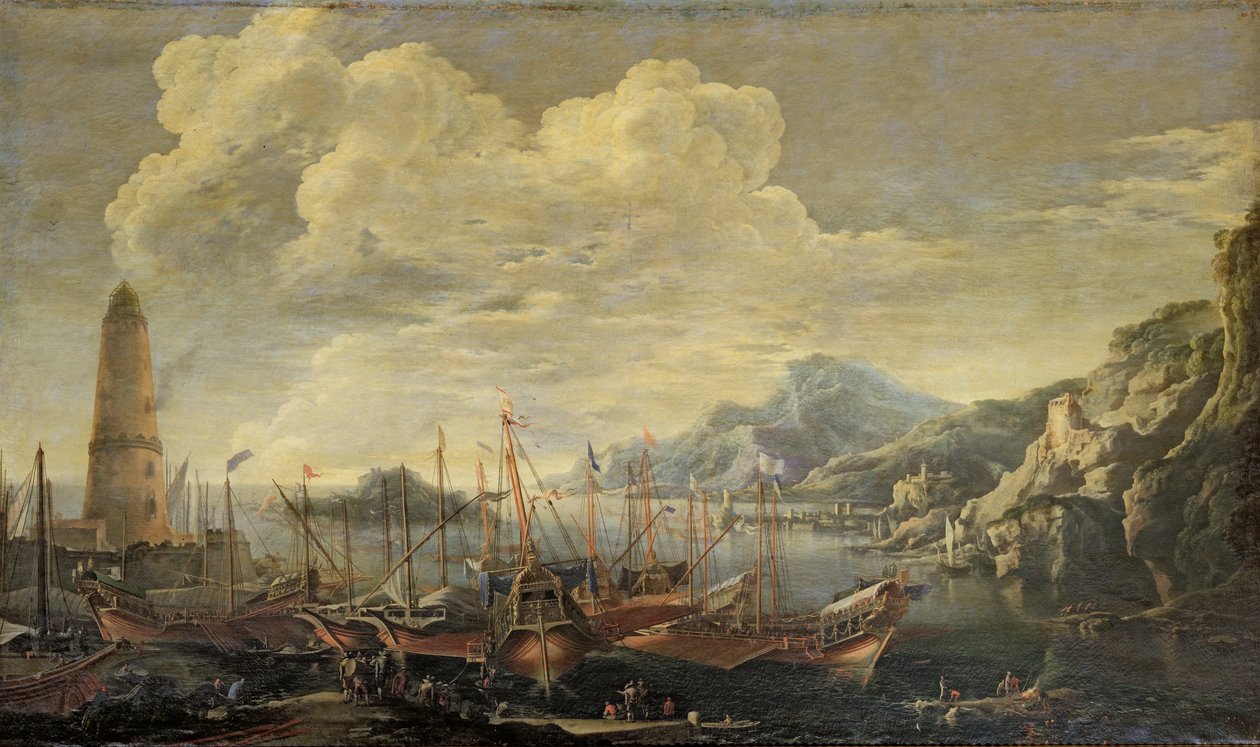 Port z latarnią morską i statkami autorstwa Salvator Rosa