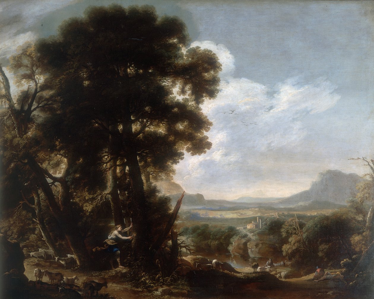Hermina rzeźbi imię Tancredi na drzewie, dzieło Salvatore Rosa, zachowane w Galerii Estense w Modenie autorstwa Salvator Rosa