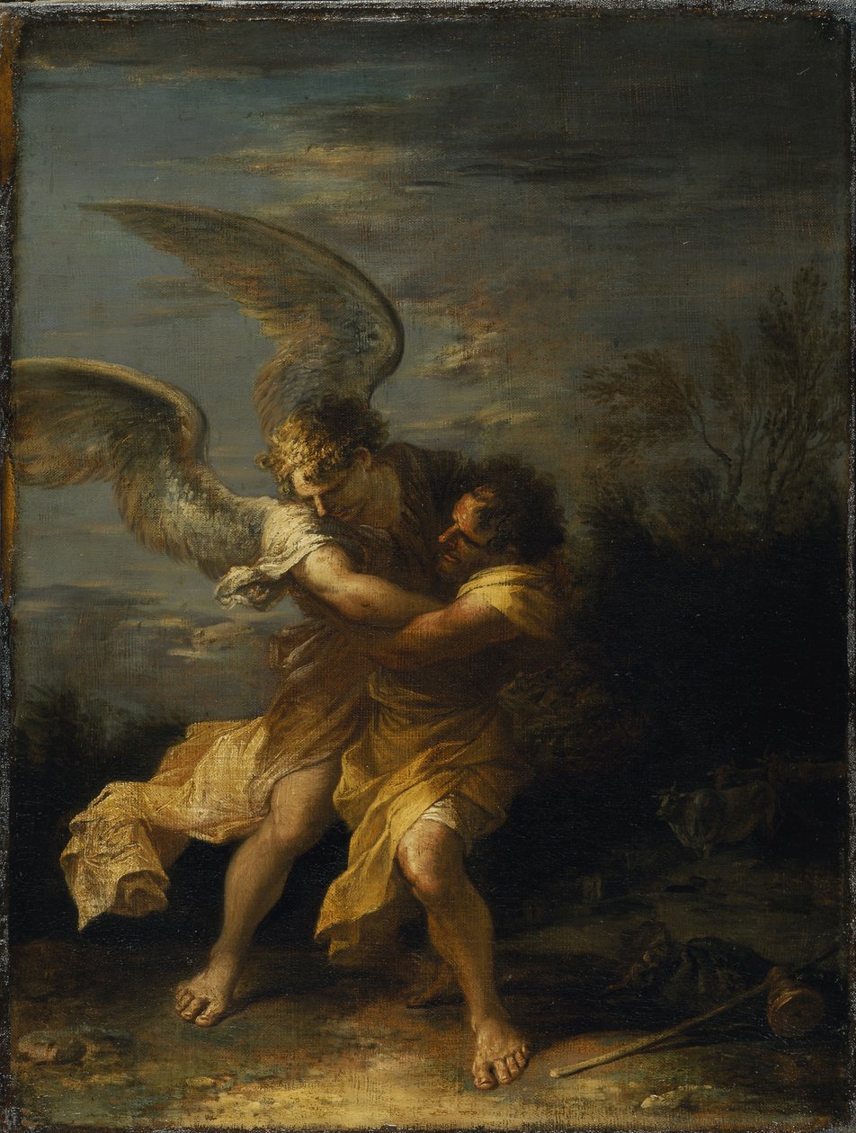 Jakub zmagający się z aniołem (olej na płótnie) autorstwa Salvator Rosa