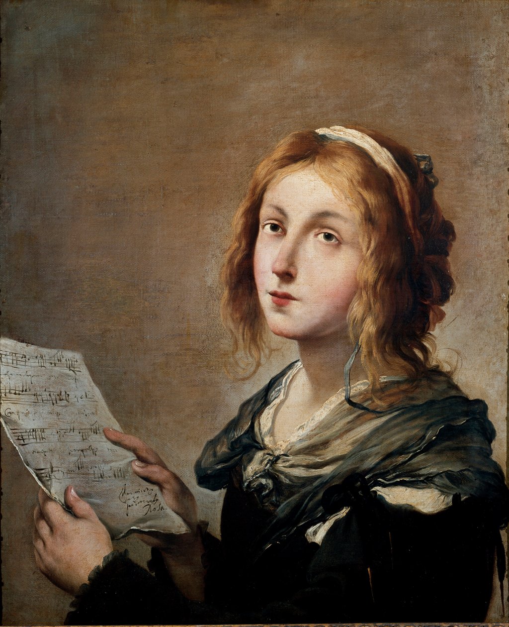 Muzyka Młoda kobieta o bardzo skromnym stanie społecznym, uosabiająca muzykę, z partyturą w ręku. Obraz Salvatora autorstwa Salvator Rosa