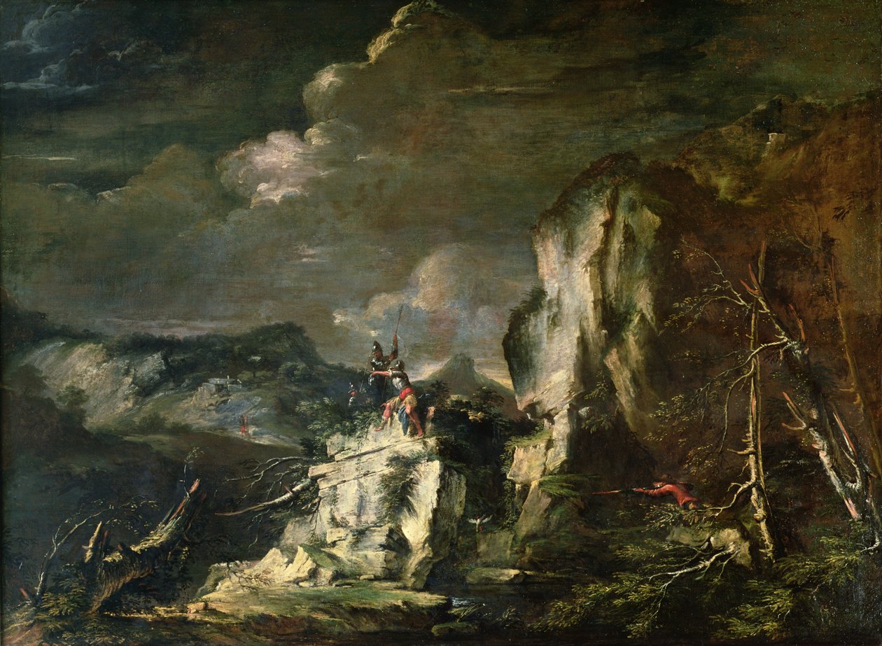 Skalisty krajobraz z myśliwym i wojownikami autorstwa Salvator Rosa