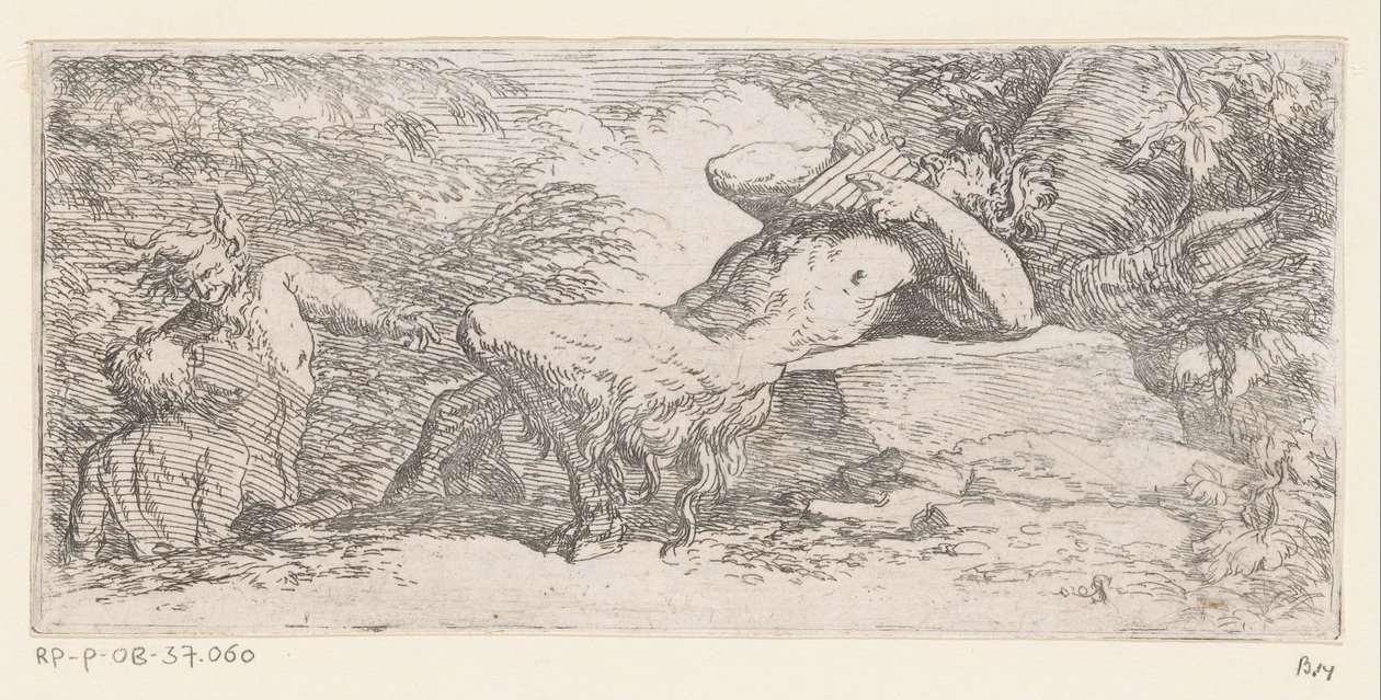 Satyr z fletem patelni Trytony i bogowie rzeki (tytuł serii) autorstwa Salvator Rosa