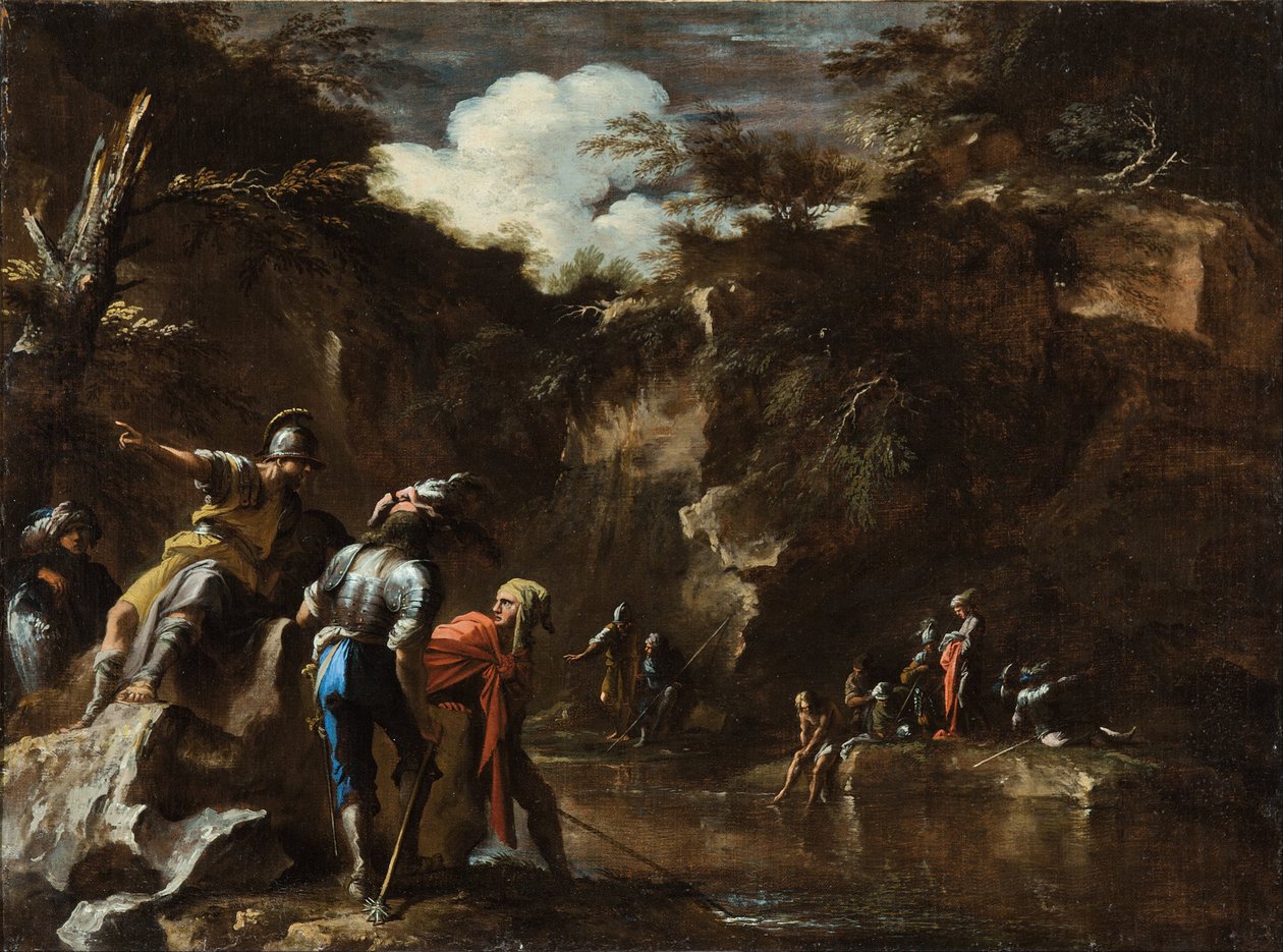 Scena z historii Grecji: Tales sprawia, że rzeka płynie po obu stronach armii lidyjskiej autorstwa Salvator Rosa