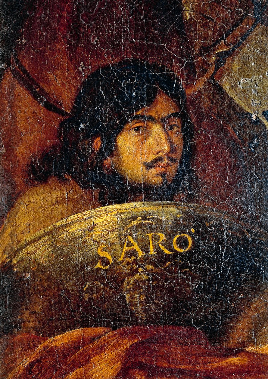 Autoportret malarza, fragment z Bitwy chrześcijan z Turkami, Salvator Rosa (1613-1673), olej na płótnie, 234x350 cm autorstwa Salvator Rosa