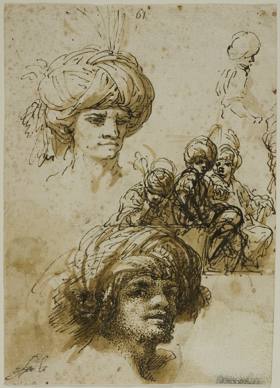Szkice turbanów (recto); Fragment postaci i szkice ornamentu architektonicznego (verso) autorstwa Salvator Rosa