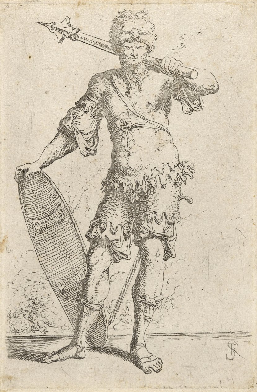 Stojący egzotyczny wojownik w czapce z głową lwa, trzymający maczugę i tarczę, ok. 1656-57 (trawiony na papierze wykładanym) autorstwa Salvator Rosa