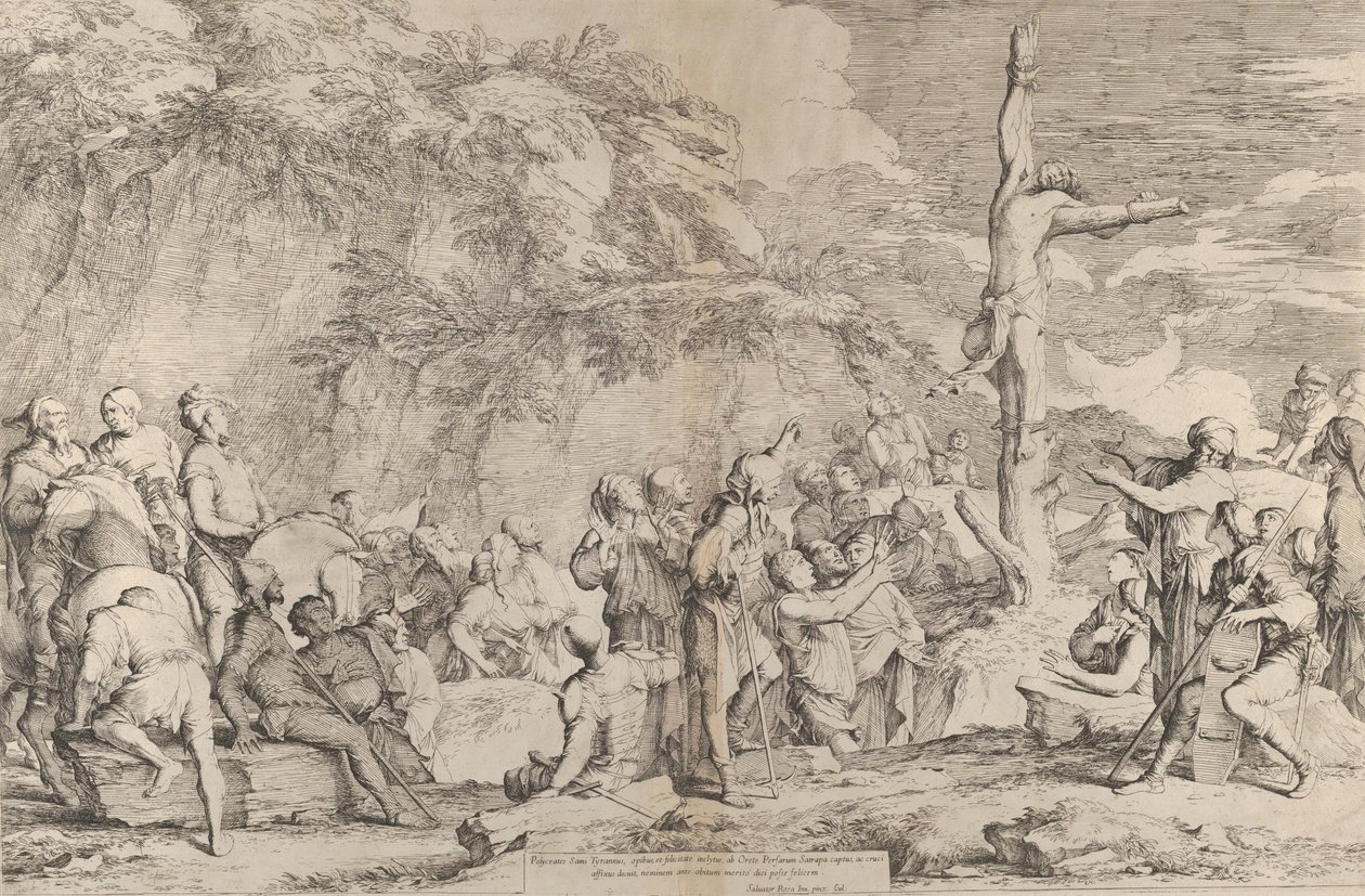 Ukrzyżowanie tyrana Polikratesa po schwytaniu go przez Persów, ok. godz. 1662. autorstwa Salvator Rosa