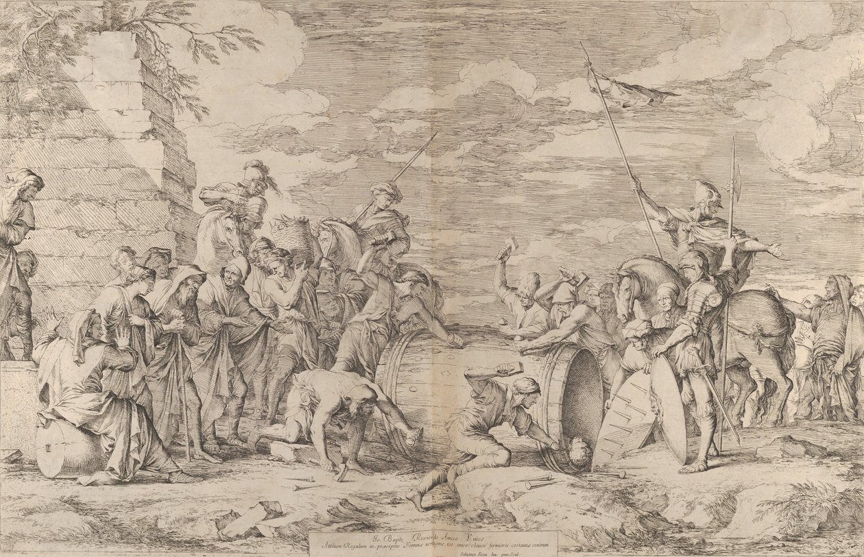 Śmierć Marka Atiliusa Regulusa, pokazana przybijanego do wanny przez Kartaginę..., ok. godz. 1661-62. autorstwa Salvator Rosa