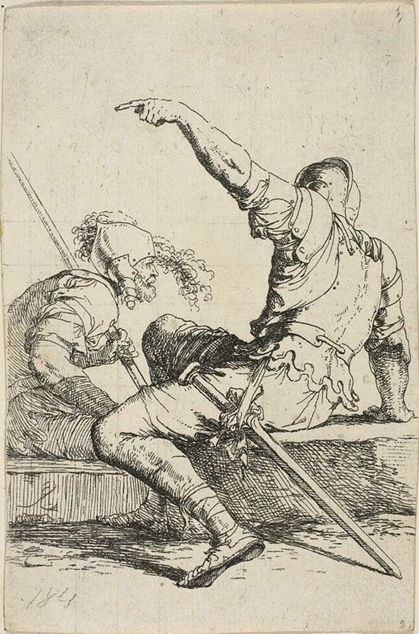 Dwóch wojowników siedzących na niskich skałach autorstwa Salvator Rosa