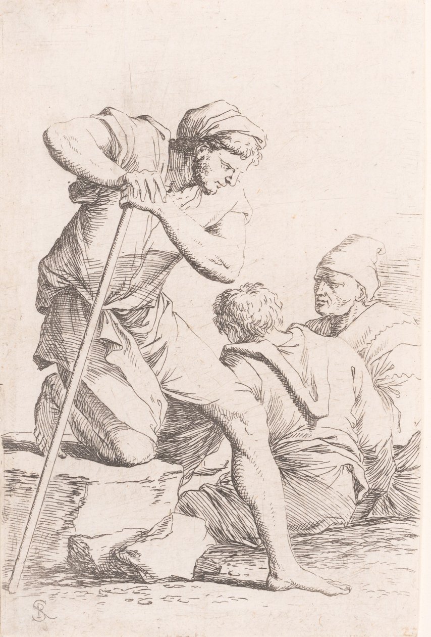 Dwóch mężczyzn siedzących i jeden trzymający laskę klęczący na skale, z seri..., ok. godz. 1656-1657. autorstwa Salvator Rosa