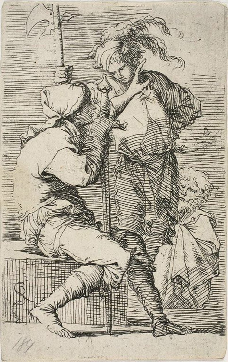 Dwóch wojowników, jeden trzyma miecz, drugi halabardę; za nimi stary brodaty mężczyzna, z Figurine autorstwa Salvator Rosa