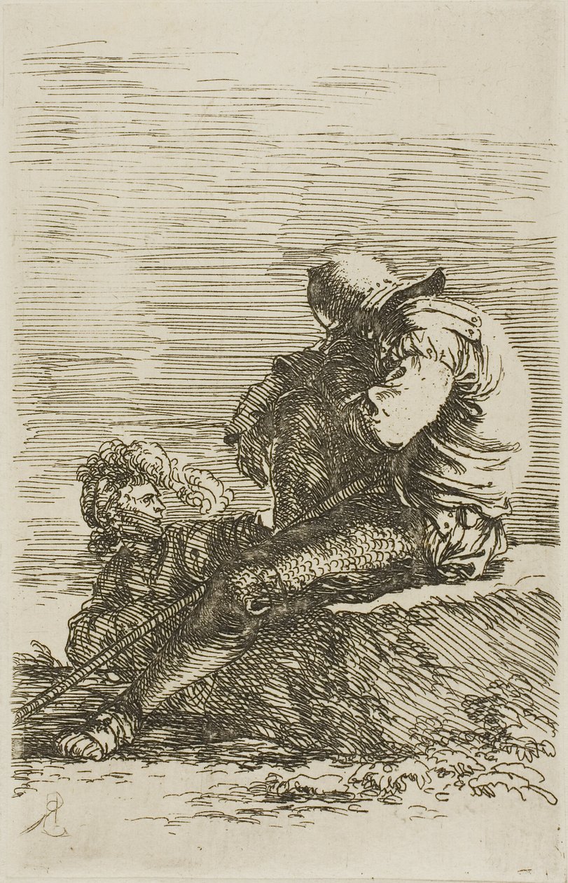 Dwóch wojowników, jeden śpi na skale na pierwszym planie, z serii Figurki autorstwa Salvator Rosa