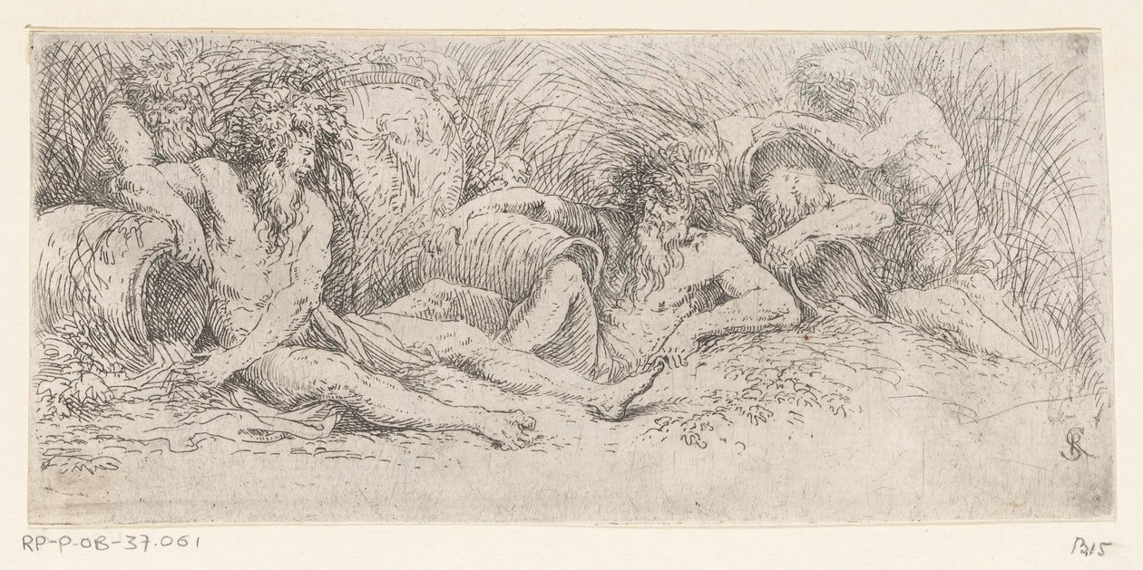 Pięciu bogów rzecznych z urnami Trytony i bogowie rzeki (tytuł serii) autorstwa Salvator Rosa