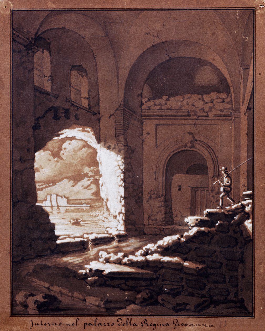 Wnętrze Pałacu Królowej Giovanny (ołówek, tusz i biała tempera) autorstwa Salvatore Cammarano