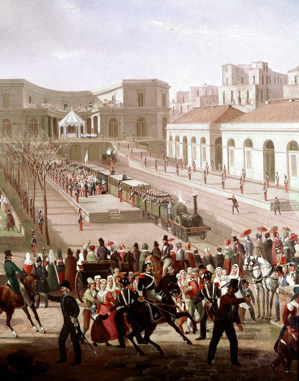 Inauguracja linii kolejowej między Neapolem a Portici w 1839 w obecności króla Ferdynanda II (Inauguracja linii kolejowej między Neapolem a Portici w 1839) Szczegół - Obraz Salvatore Fergola (1799-1877) Museo Nazionale di San Martino Nap autorstwa Salvatore Fergola