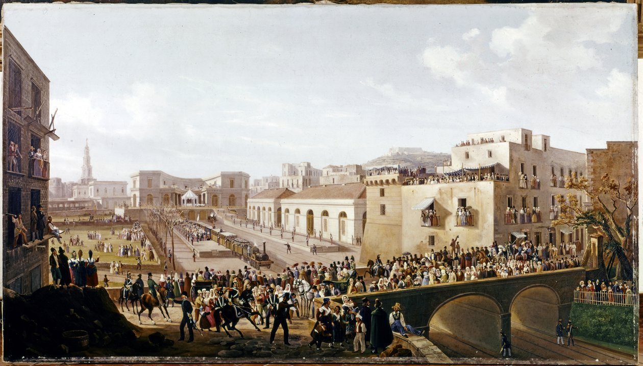 KOLEJ: Otwarcie pierwszej Kolei Wezuwiańskiej, Neapol-Portici. 3 października 1839 r. (olej na płótnie) autorstwa Salvatore Fergola