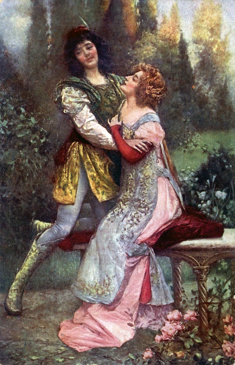 Literatura. Francesca da Rimini i Paolo Malatesta. Ilustracja inspirowana S. Postiglione w: The Divine Comedy, Dante Alighieri, Czechy, ok. 1910 r. (pocztówka) autorstwa Salvatore Postiglione