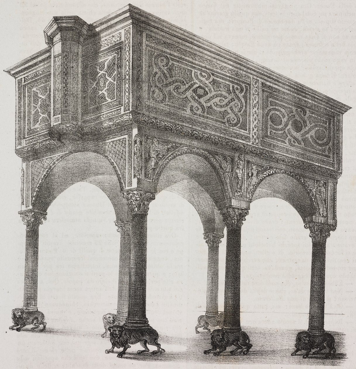 Starożytna ambona w katedrze Sessa Aurunca, Kampania, Włochy, litografia Salvatore Puglia według rysunku Pasquale Mattei (1813-1879) z Poliorama Pittoresco, nr 43, 31 maja autorstwa Salvatore Puglia