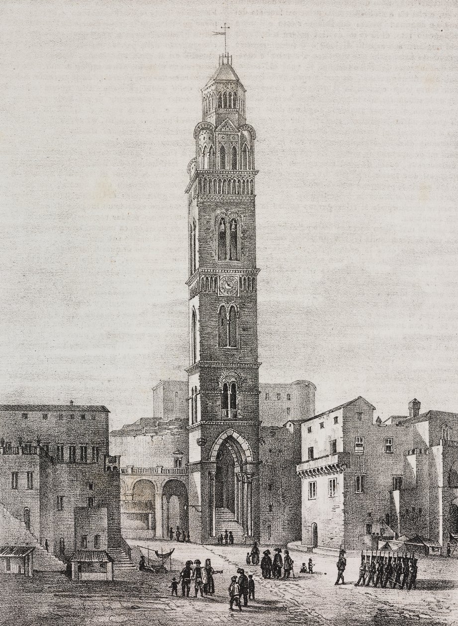 Dzwonnica katedry Gaeta, Lazio, Włochy, litografia Salvatore Puglia według rysunku Pasquale Mattei (1813-1879), z Poliorama Pittoresco, nr 48, 6 lipca autorstwa Salvatore Puglia