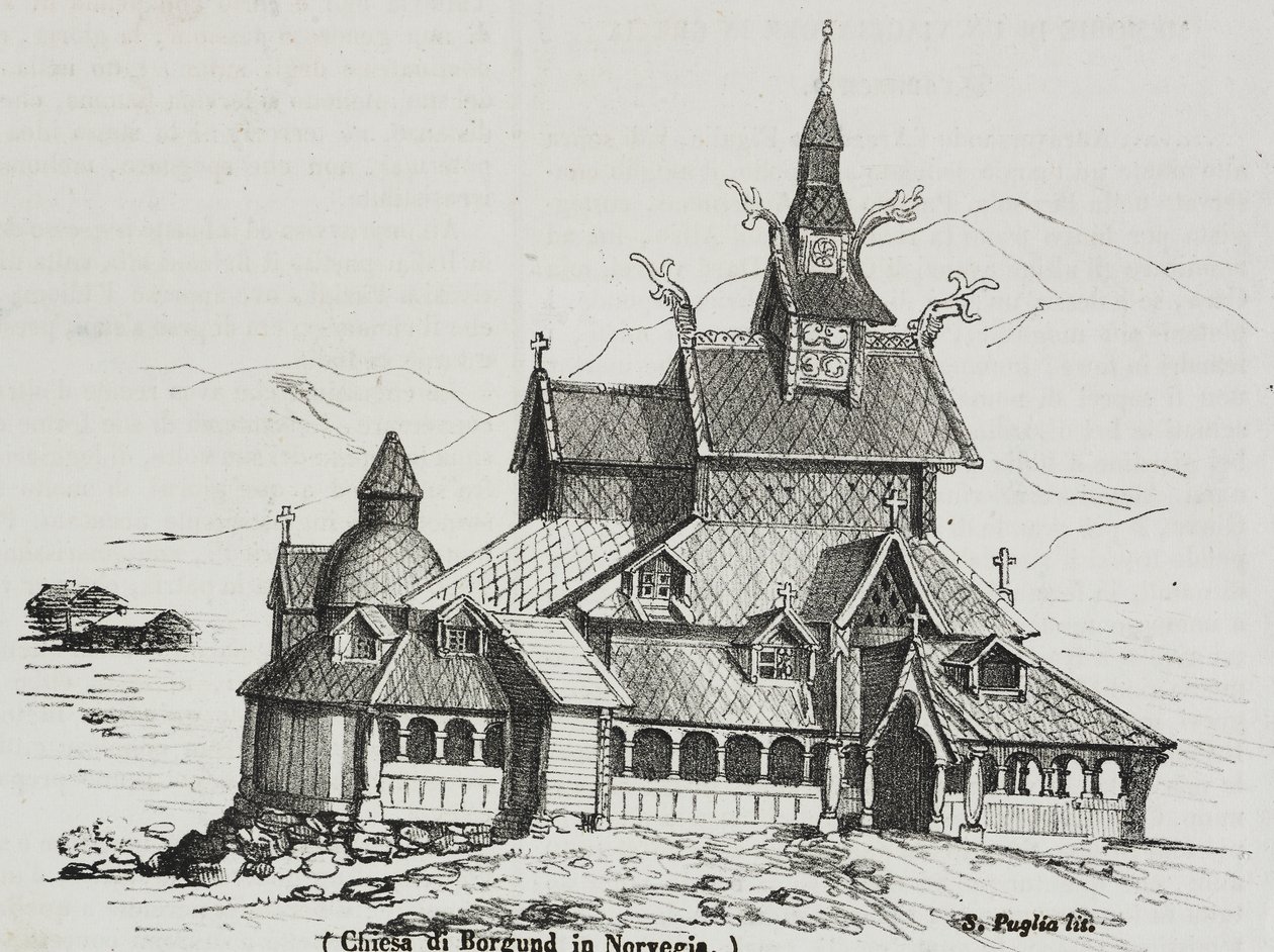 Borgund Stavkirke, Norwegia, litografia Salvatore Puglia z Poliorama Pittoresco, nr 40, 14 maja autorstwa Salvatore Puglia
