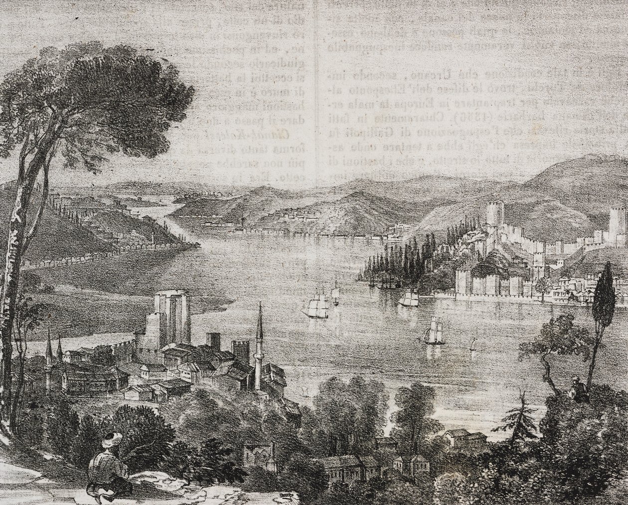 Zamki nad Bosforem na wybrzeżach Azji i Europy, Turcja, litografia Gaetano Riccio z Poliorama Pittoresco, nr 18, 9 grudnia autorstwa Salvatore Puglia