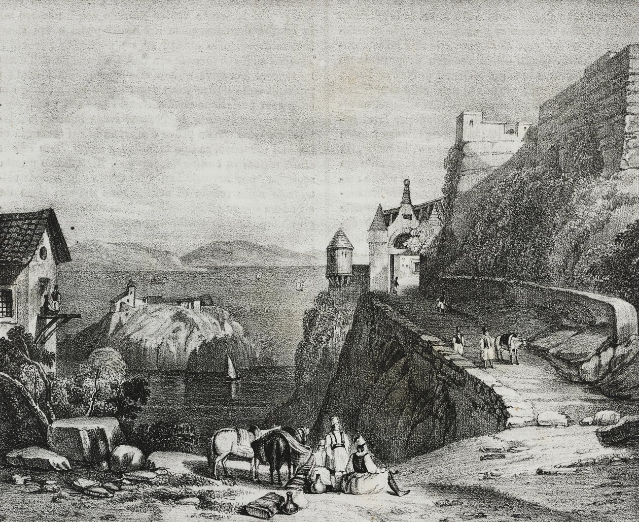 Zamek Parga, Albania, litografia Salvatore Puglia z Poliorama Pittoresco, nr 9, 9 października autorstwa Salvatore Puglia