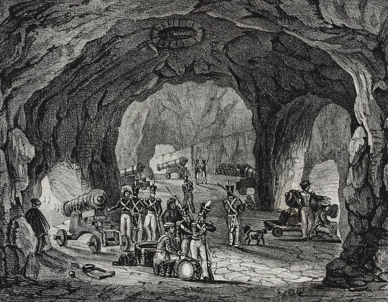 Jaskinia w pobliżu Skały Gibraltarskiej, Hiszpania, litografia Salvatore Puglia z Poliorama Pittoresco, nr 20, 24 grudnia autorstwa Salvatore Puglia