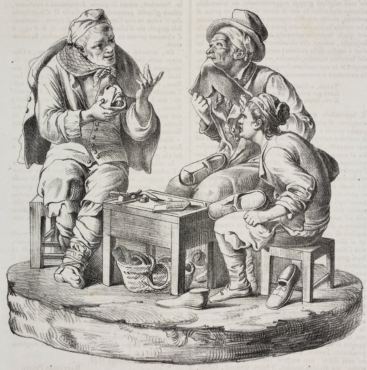 Szewc w sporze, statuetki Giacomo Bongiovanniego i Giuseppe Vaccaro, litografia Salvatore Puglia z Poliorama Pittoresco, nr 32, 18 marca autorstwa Salvatore Puglia
