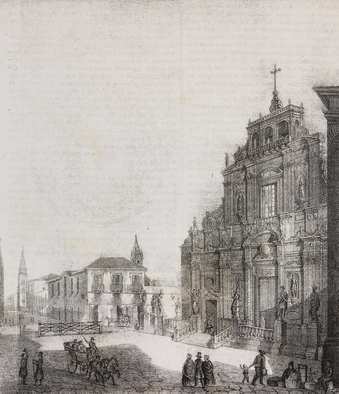 Fasada Bazyliki San Sebastiano in Acireale, Sycylia, Włochy, litografia Salvatore Puglia z Poliorama Pittoresco, n 39, 3 maja autorstwa Salvatore Puglia