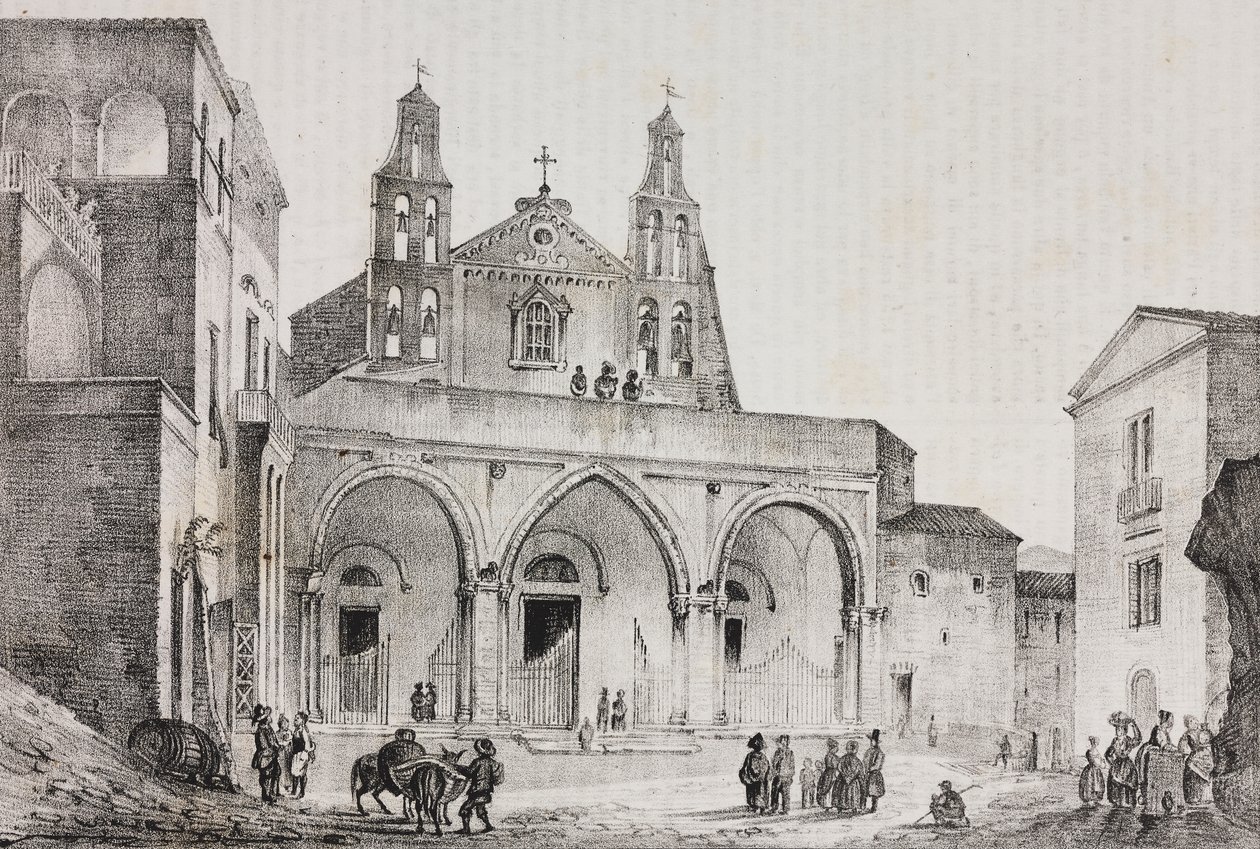Fasada katedry Sessa Aurunca, Kampania, Włochy, litografia Salvatore Puglia według rysunku Pasquale Mattei (1813-1879) z Poliorama Pittoresco, nr 42, 24 maja autorstwa Salvatore Puglia
