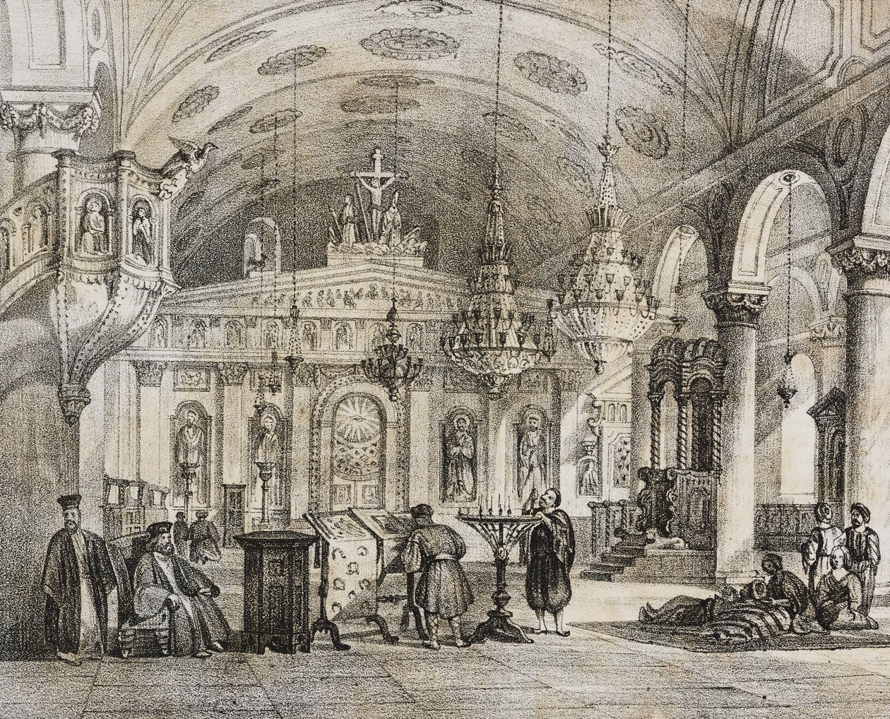 Wnętrze greckiego kościoła Baloukli, niedaleko Konstantynopola, Turcja, litografia Salvatore Puglia z Poliorama Pittoresco, nr 28, 15 lutego autorstwa Salvatore Puglia