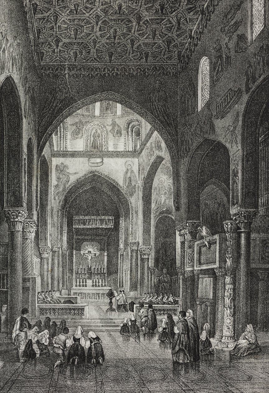 Wnętrze Kaplicy Palatyńskiej w Palazzo dei Normanni lub Pałacu Królewskiego w Palermo, Sycylia, Włochy, litografia Salvatore Puglia z Poliorama Pittoresco, nr 41, 21 maja autorstwa Salvatore Puglia