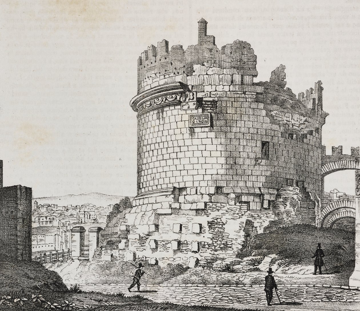 Mauzoleum Cecylii Metelli przy Via Appia, Rzym, Lacjum, Włochy, litografia Salvatore Puglia z Poliorama Pittoresco, nr 20, 21 grudnia autorstwa Salvatore Puglia