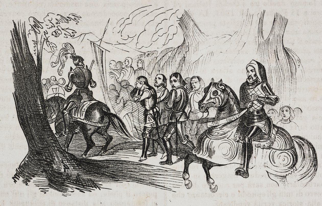 Powrót bojowników do Barletty na wyzwanie, Apulia, Włochy, litografia Salvatore Puglia z Poliorama Pittoresco, nr 30, 1 marca autorstwa Salvatore Puglia